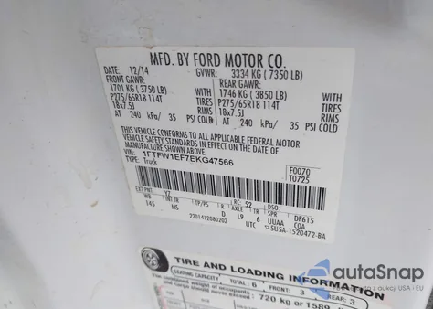 2014 Ford F-150 Xlt из США, поврежденный, VIN 1FTFW1EF7EKG47566